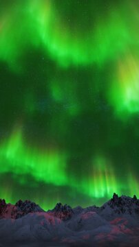 Breathtaking aurora borealis illuminates snowy mountains with a mystical glow of aether energy at night
