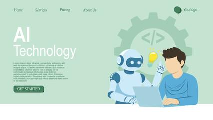 Fototapeta premium Vector landing page or banner template with illustration of Robot assistant helping human working on laptop, AI Assistant Automation concept