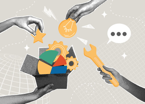 Collaboration and teamwork. Trendy halftone collage. Co-creation of ideas. Concept of uniting for success, collaboration, optimization, and joint research. Vector illustration.
