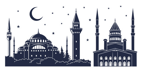 Silhouette of a mosque with minarets and a crescent moon in the night sky © H