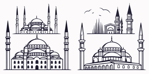 Illustration of three different architectural styles of mosques with minarets and domes © H