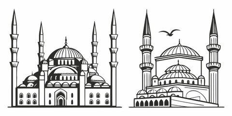 Fototapeta premium Two intricately detailed mosque illustrations showcasing their unique architectural features