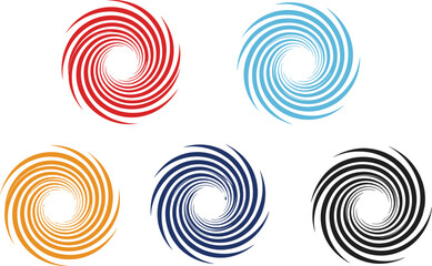 Vector illustration of colorful spiral vortex designs in red, blue, orange, and black for abstract and decorative artwork