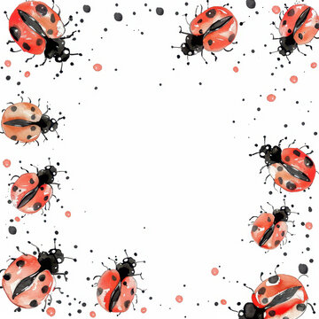 Watercolor ladybug red insect cute bug spring border nature frame children background white space playful pattern dotted splash whimsical design joyful watercolor ladybug border with red insect