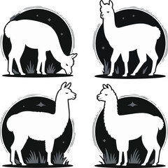 Fototapeta premium Set of elegant llama and alpaca silhouettes, minimalist animal vector icons on dark circular backgrounds