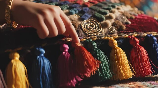 Colorful tassels sway as skilled fingers trace the intricate patterns of a decorative cushion in a warmly lit, artistic space rich with textures, evoking comfort and creativity.