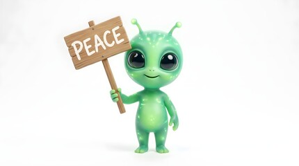Obraz premium A cute green alien character with big eyes holding a wooden sign that says 