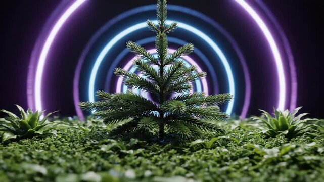 Small Pine Tree with Neon Circles Background.