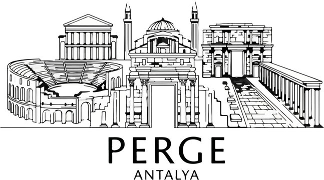Ancient architectural ruins with text "PERGE ANTALYA" at the bottom