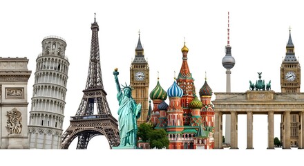 Obraz premium A panoramic view of famous landmarks from around the world in a row