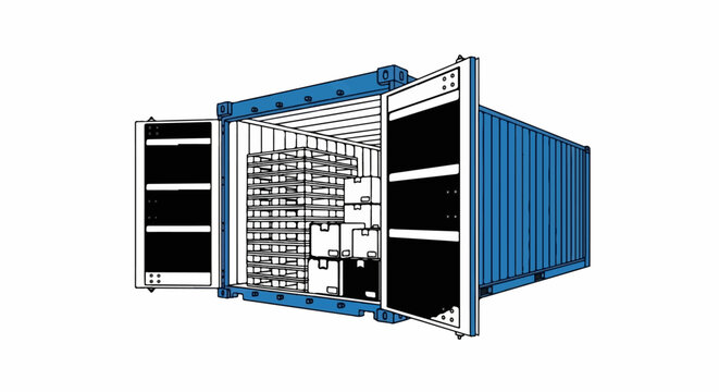 Blue shipping container with open doors reveals stacked pallets and boxes inside