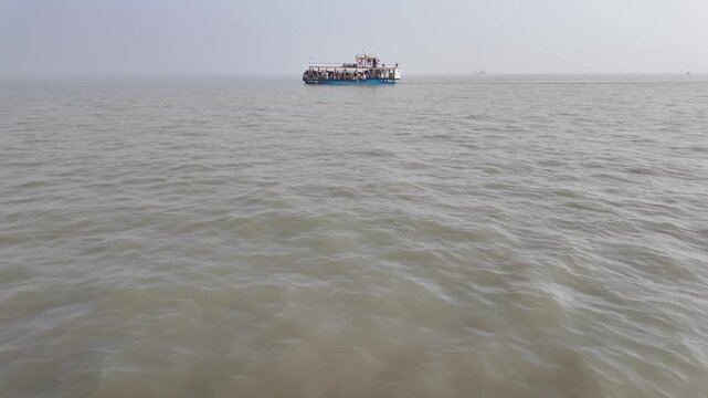 Passenger Ferry Boat on Calm Sea with Wide Water Background