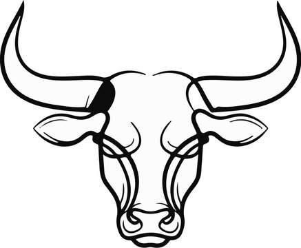 Bold black outlines define a minimalist bull's head with large horns