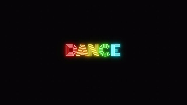 Modern glowing neon sign board with "DANCE" lettering. Featuring a dynamic electric flicker. Best for nightlife vibe and marketing videos.