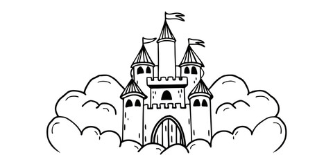 A detailed illustration of a medieval castle with a flag on top and a drawbridge. © freelancemoment