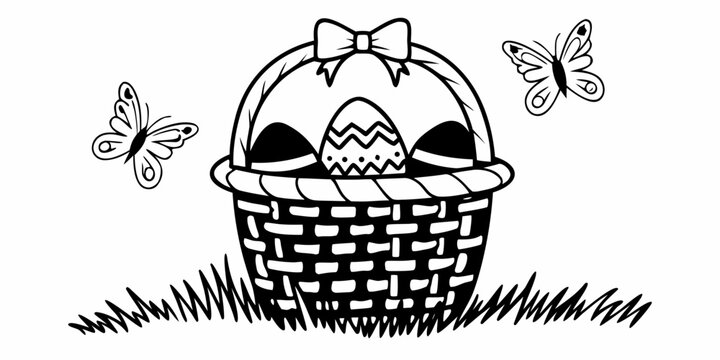 A charming illustration of a basket filled with colorful easter eggs and adorned with a bow