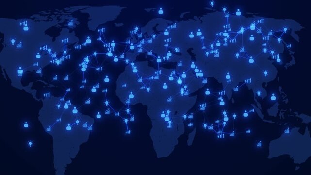 Futuristic digital 3D globe made of sparkling particles rotating alongside a glowing blue network of hexagonal icons representing social connectivity, innovation, and business growth, high-tech 