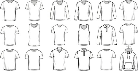 Assortment of white t-shirts, long-sleeved shirts, tanks, polos, and hoodie