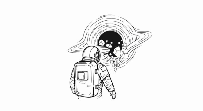 Astronaut confronts a cosmic black hole with debris and the words "The End
