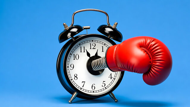 Alarm clock with boxing glove hitting it, representing time management challenges, boxing with time, fighting clock, and concept of winning time