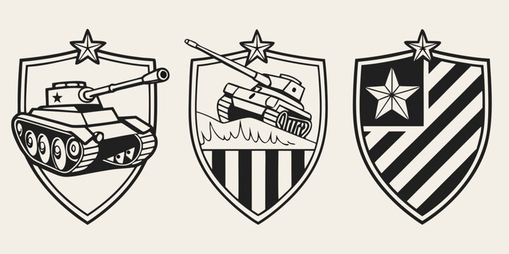 Three distinct military badges featuring a tank, helicopter, and star emblem