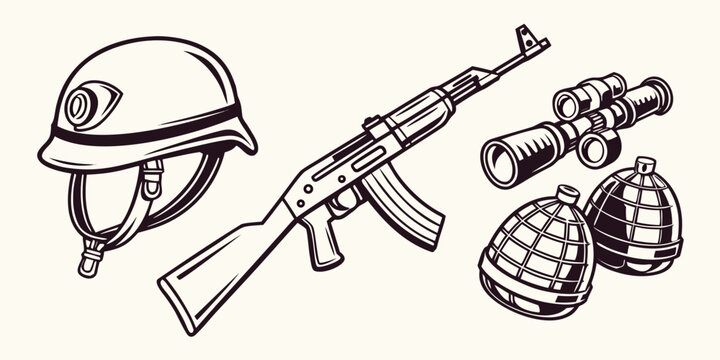 A collection of military equipment including a helmet, rifle, and grenades