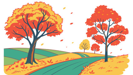 Two colorful trees with vibrant autumn leaves standing in a lush green field © Sk