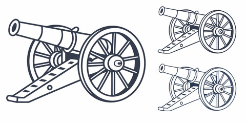 Fototapeta premium A detailed illustration of a large cannon and three smaller cannons on wheels.