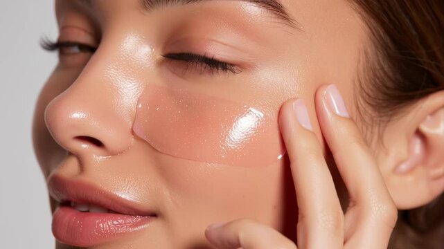 Hydrating eye patch on smooth skin with natural makeup gentle touch skincare beauty hydration, 4k quality video.