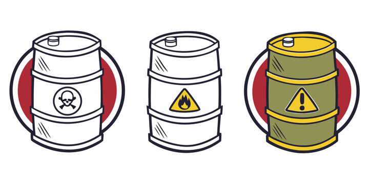 Three barrels with different hazard symbols indicating various types of dangerous contents