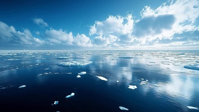 Serene Arctic Ocean Scene with Ice Floes and Blue Sky