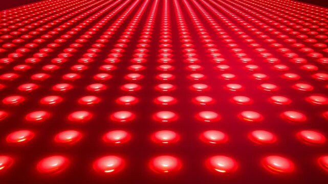 Red light pattern glowing rows and round shapes creating futuristic abstract background, 4k video.