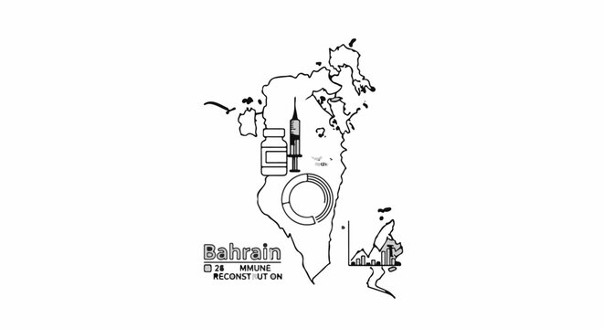 Bahrain map with medical icons, charts, and text about immune reconstitution