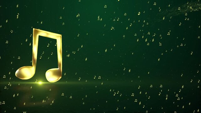 Stunning 3D golden musical eighth note floating on a dark green background with shimmering particles and music symbols swirling in a magical trail. A bright light flare creates a beautiful reflection,