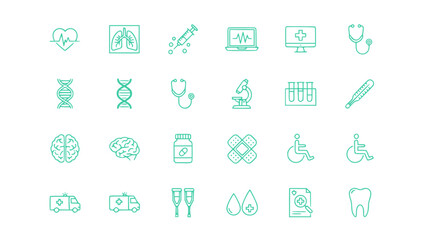 Healthcare icon collection featuring anatomy, DNA, brain, lungs, medical tools, and health monitoring symbols.