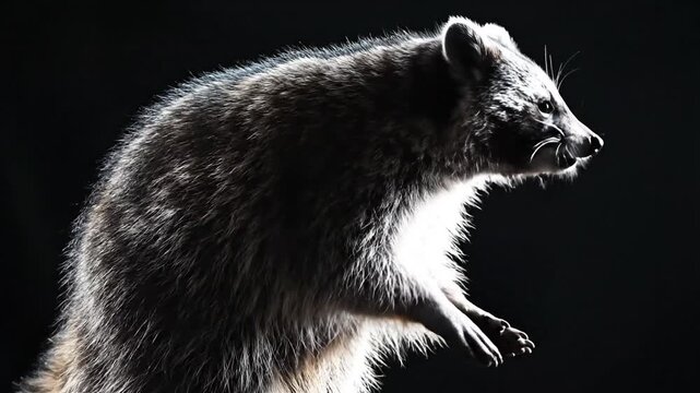 Raccoon Standing on Hind Legs in Spotlight.