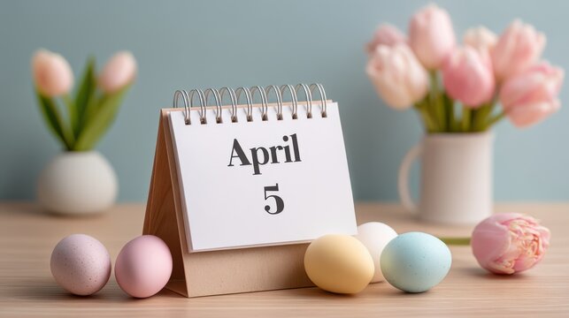 Seasonal planning with calendar page, pastel eggs, and tulips on modern desk during springtime in April 5th, Easter day 2026