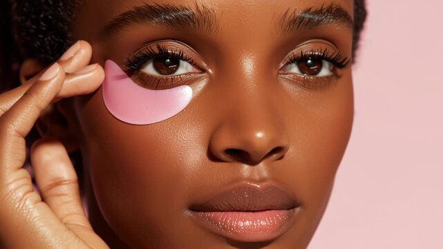Close up woman face with eye patch skincare beauty natural makeup smooth skin moisturizing youthful cosmetic care female glow, 4k video.