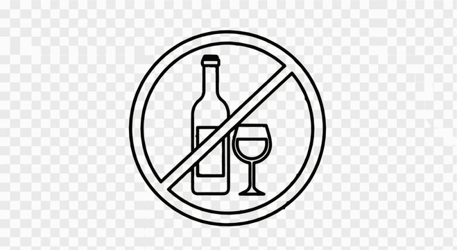 Black and white line art icon of a bottle and glass with a prohibition circle