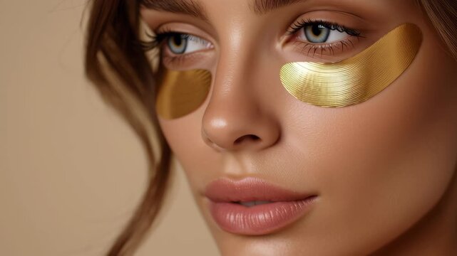 Gold eye patches close up blue eyes skincare beauty female face smooth skin natural makeup healthy skin cosmetic wellness care, 4k video.