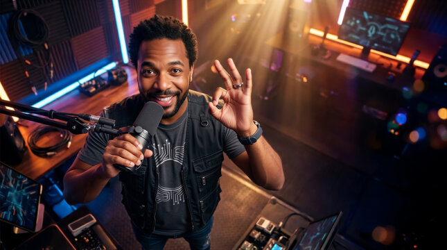 Smiling Black male podcaster holding microphone and showing ok gesture. Content creator broadcasting in modern recording studio with neon lights