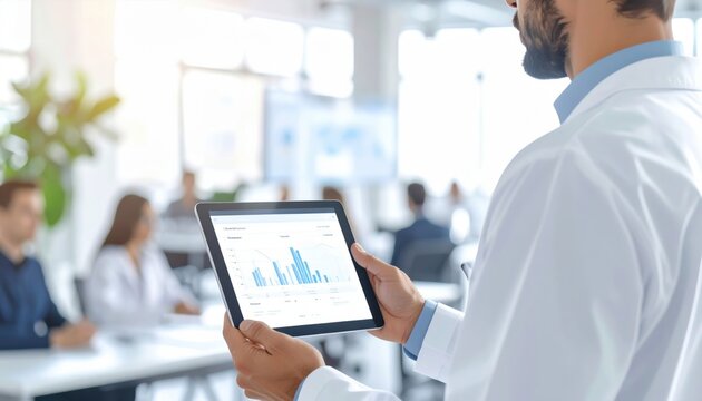 Healthcare entrepreneur presenting startup pitch deck with data charts on tablet in meeting room
