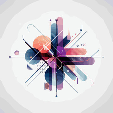 Abstract geometric composition with vibrant overlapping shapes and lines creating a dynamic, modern design.