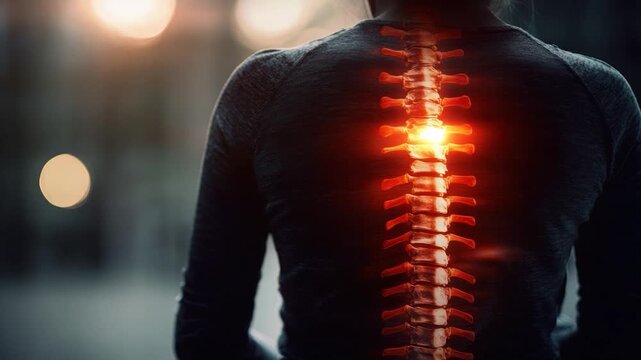 Back of a person with a glowing spine highlighted, suggesting pain. Blurred background