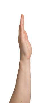 Arm, hand raised up, side view, me gesture, sign, isolated on white.