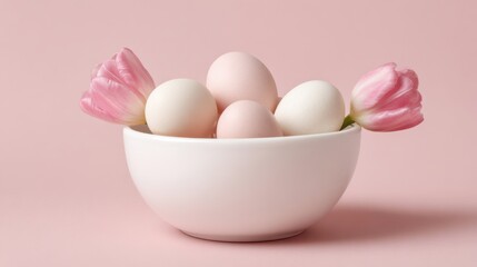 This bowl holds pastel eggs and tulip flowers on a soft blush background with clean shadows and ample space around it for design