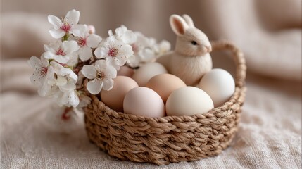 Close up view of basket filled with eggs and blossoms with bunny figure in soft background