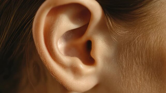 Close-up of a human ear showcasing fine details, textures, and subtle shadows with strands of hair