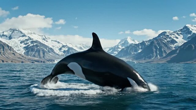Orcas Breaching in Snowy Mountain Waters.