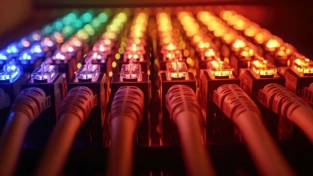 Close-up of network cables plugged into a server, illuminated with a gradient of colorful lights